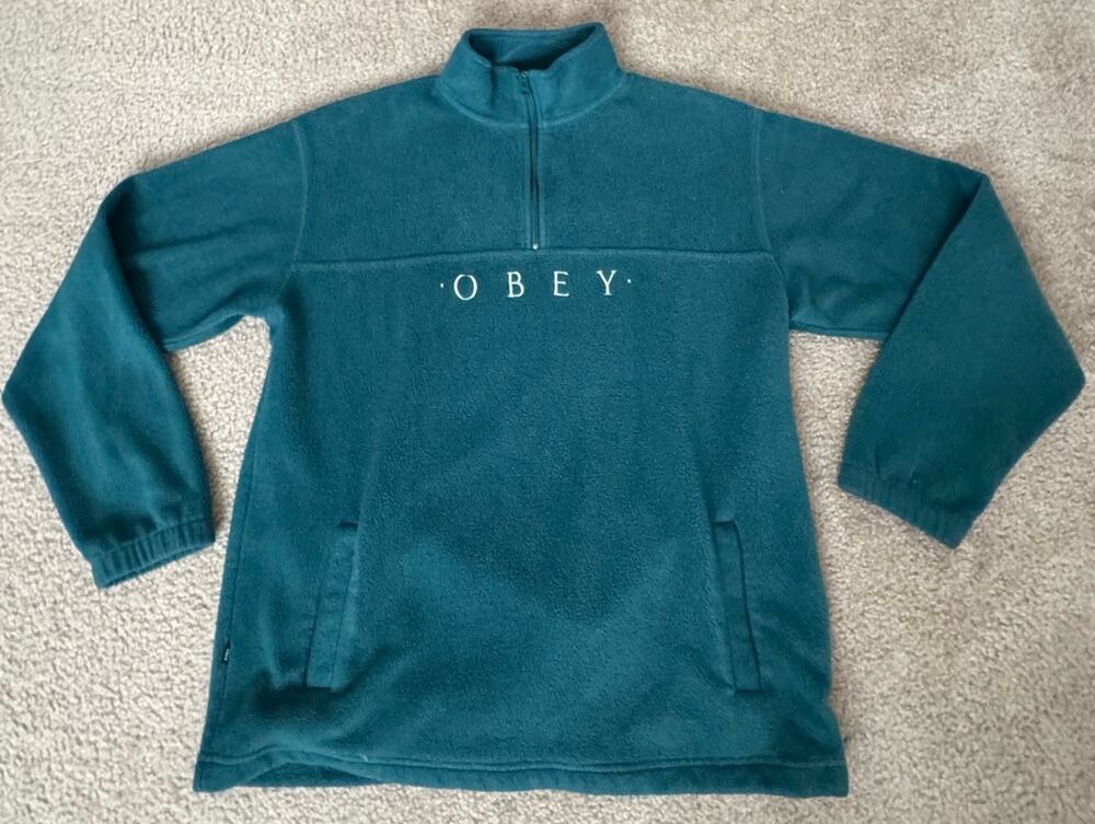 Obey Worldwide Men’s Large 1/4 Zip Fleece Pullover Green Embroidered Logo Jacket